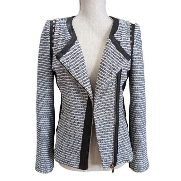 McGinn Blue & White Stripped Tweed Moto Jacket Studded Faux Leather Trim Sz S - Picture 3 of 15